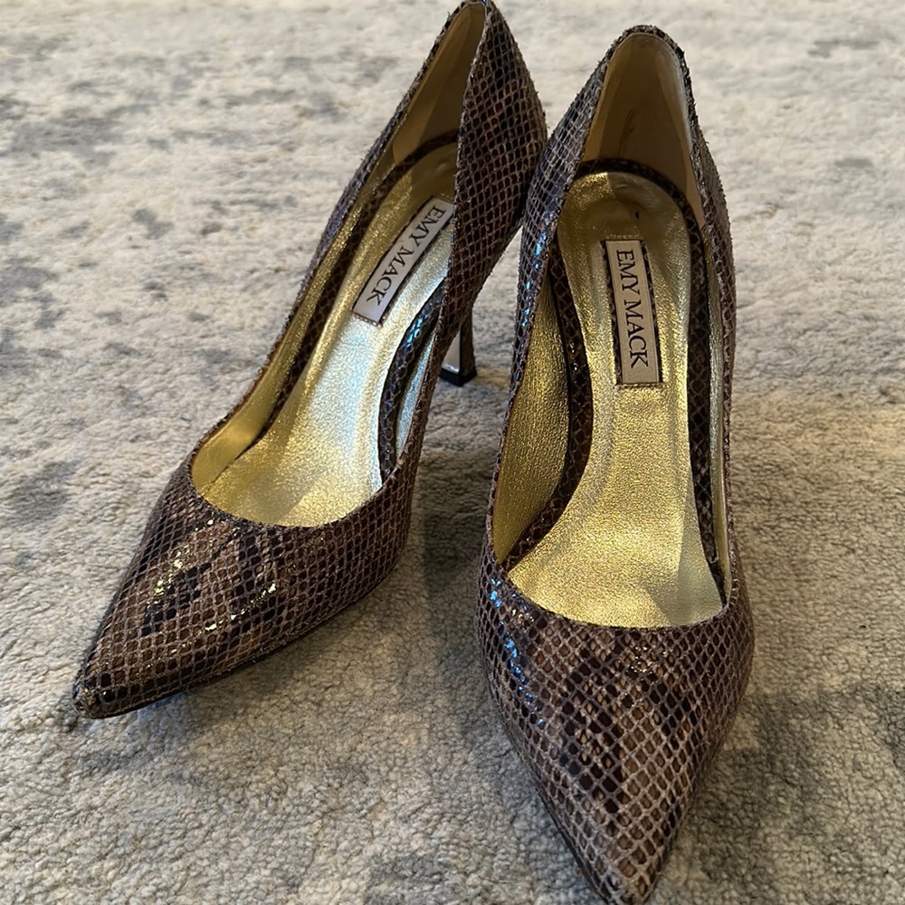 Emy Mack stiletto in pyhthon texture material, size 7.5, approx. 4in. heel